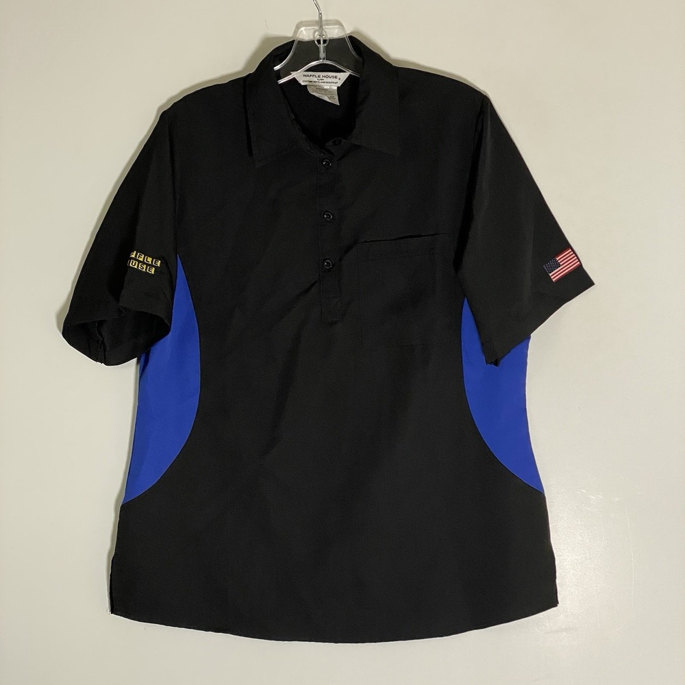 Waffle House Shirt Womens Medium Black Blue Employee Performance Polo USA Patch